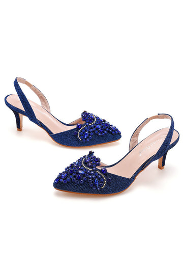 Svart Rhinestone Hæl Slingback Sandaler Spiss Tå Slip On Block Hæler